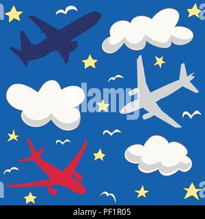 Seamless baby pattern with flying planes and clouds Stock Vector