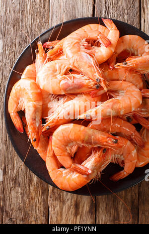 dish with boiled king prawns close-up on a plate. Food background. vertical top view from above