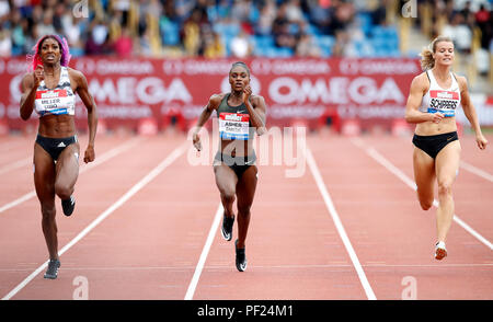 Great Britain's Dina Asher-Smith (centre) finishes second, Bahamas' Shaunae Miller-Uibo (left) wins and Netherland's Dafne Schippers (right) finishes third in the Women's 200m during the Muller Grand Prix at Alexander Stadium, Birmingham. Stock Photo
