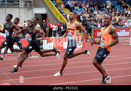 USA's Christian Coleman (second left) wins the Men's 100m Final as Great Britain's Reece Prescod (left) finishes second during the Muller Grand Prix at Alexander Stadium, Birmingham. Stock Photo