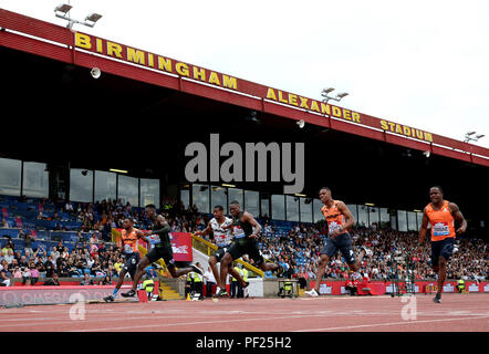 Great Britain's Reece Prescod (second left) finishes second, USA's Christian Coleman (centre) wins and USA's Noah Lyles (left) finishes third in the Men's 100m Final during the Muller Grand Prix at Alexander Stadium, Birmingham. Stock Photo