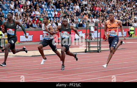 Great Britain's Reece Prescod (left) finishes second and USA's Christian Coleman (centre) wins the Men's 100m Final during the Muller Grand Prix at Alexander Stadium, Birmingham. Stock Photo