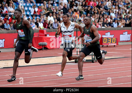 Great Britain's Reece Prescod (left) finishes second and USA's Christian Coleman (right) wins the Men's 100m Final during the Muller Grand Prix at Alexander Stadium, Birmingham. Stock Photo