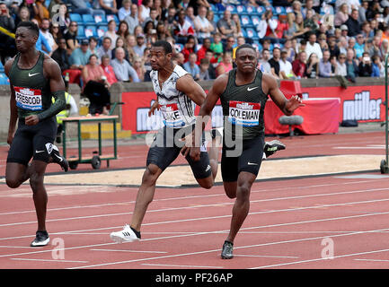 Great Britain's Reece Prescod (left) finishes second and USA's Christian Coleman (right) wins the Men's 100m Final during the Muller Grand Prix at Alexander Stadium, Birmingham. Stock Photo