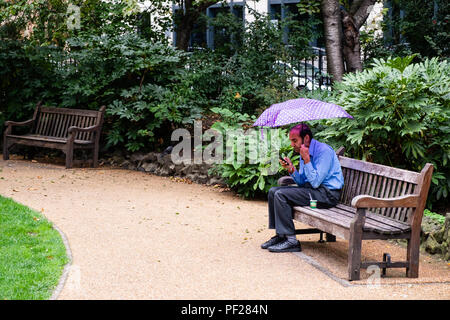 A man sitting on a park bench by himself in a London Square in the rain, looking at his phone with a small yoghurt pot next to him. Stock Photo