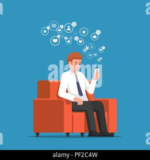 Businessman sitting at sofa and holding smartphone with social network notification icons. Social media marketing and smartphone addiction concept. Stock Vector