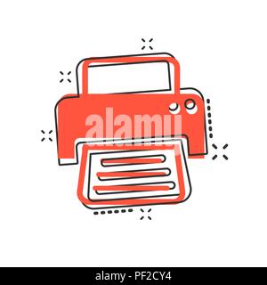 Vector cartoon printer icon in comic style. Document printing sign illustration pictogram. Printer business splash effect concept. Stock Vector