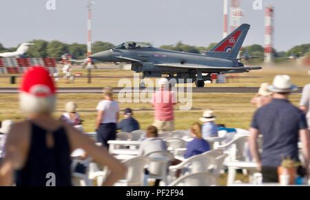 Royal Air Force Eurofighter Typhoon taking off in front of spectators in the Cotswold enclosure at the 2018 Royal International Air Tattoo Stock Photo