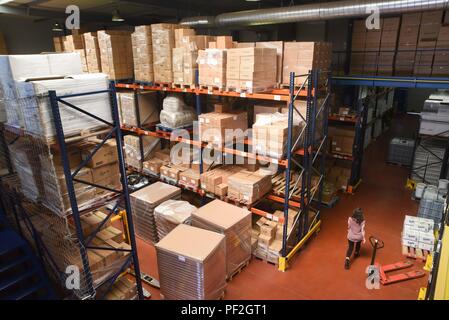 July 3, 2017 - Santeny, France: The warehouse of the Alepia factory in Santeny, a suburb 30 kilometres east of Paris. The factory began producing traditional Aleppo soaps after factories in the Syrian city of Aleppo were destroyed during the civil war. Reportage dans une fabrique de savons d'Alep en banlieue parisienne. Le maitre savonnier est un Syrien qui a ete oblige de fuir son pays du fait de la guerre civile. *** FRANCE OUT / NO SALES TO FRENCH MEDIA *** Stock Photo