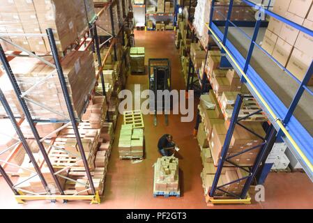 July 3, 2017 - Santeny, France: The warehouse of the Alepia factory in Santeny, a suburb 30 kilometres east of Paris. The factory began producing traditional Aleppo soaps after factories in the Syrian city of Aleppo were destroyed during the civil war.  Reportage dans une fabrique de savons d'Alep en banlieue parisienne. Le maitre savonnier est un Syrien qui a ete oblige de fuir son pays du fait de la guerre civile. *** FRANCE OUT / NO SALES TO FRENCH MEDIA *** Stock Photo