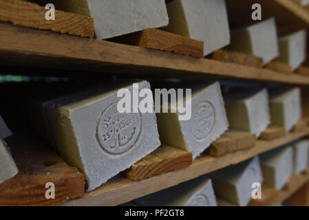 July 3, 2017 - Santeny, France: Aleppo soaps drying in the Alepia factory in Santeny, a suburb 30 kilometres east of Paris. The factory began producing traditional Aleppo soaps after factories in the Syrian city of Aleppo were destroyed during the civil war.  Reportage dans une fabrique de savons d'Alep en banlieue parisienne. Le maitre savonnier est un Syrien qui a ete oblige de fuir son pays du fait de la guerre civile. *** FRANCE OUT / NO SALES TO FRENCH MEDIA *** Stock Photo