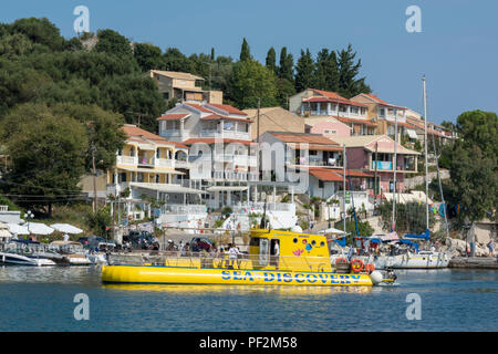 a yellow submarine tourist trip boat at kassiopu on the greek island of corfu, greece. Stock Photo