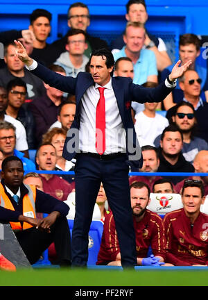 Arsenal manager Unai Emery gestures on the touchline during the UEFA ...