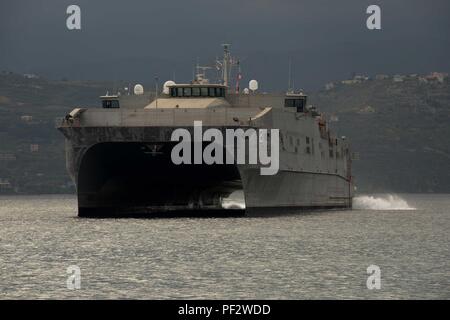 151230-N-IL474-052  SOUDA BAY, Greece (Dec. 30, 2015) – The Military Sealift Command Expeditionary Fast Transport ship , USNS Choctaw County (T-EPF 2), arrives in Souda Bay for a scheduled port visit Dec. 30, 2015.  Choctaw County is the second of 10 vessels designed for rapid intra-theater transportation of troops and military equipment.  (U.S. Navy photo by Heather Judkins/Released) Stock Photo