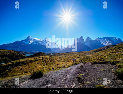 View towards Paine Grande and Cuernos del Paine, Torres del Paine National Park, Patagonia, Chile Stock Photo