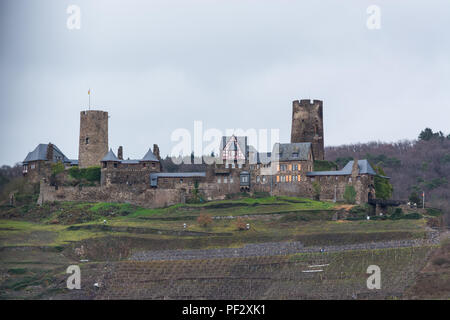 Burg Thurant on the Moselle. Vineyards on the hills above the Mosel River, Germany. Stock Photo