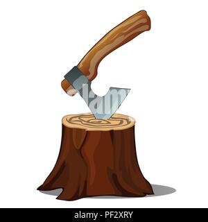 A tree stump with an axe stuck isolated on white background. Vector cartoon close-up illustration. Stock Vector