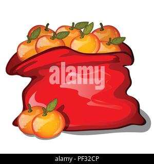 Red bag filled with ripe tangerines isolated on white background. Vector cartoon close-up illustration. Stock Vector