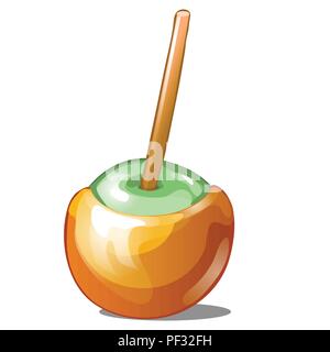 Single candy apple dipped in caramel with stick isolated on white background. Handmade sweetness is toffee apple. Vector illustration. Stock Vector