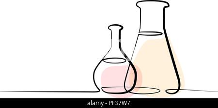Continuous one line drawing. Chemical lab retorts. Vector illustration Stock Vector
