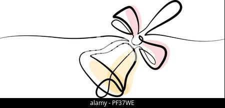 Continuous one line drawing. School traditional hand bell and ribbon. Vector illustration Stock Vector