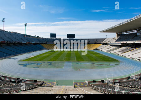 BARCELONA, SPAIN - March 18, 2018: The empty Estadi Olimpic Lluis Companys (Barcelona Olympic Stadium) in Barcelona, Spain. Stock Photo