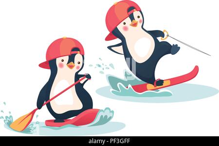 Penguin floating on SUP board. Penguin water skiing. Paddle board. Water sports and activities vector illustration Stock Vector