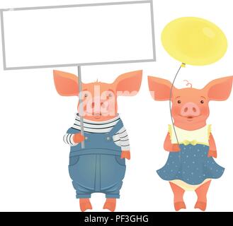 Cute animal holding sign. Cartoon pig holding blank banner. Cute animal vector illustration Stock Vector