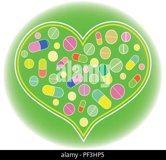 The flat pattern. Medical icon in the shape of a heart. Medications, pills.The concept of health care. Isolated, white. Vector. Stock Vector