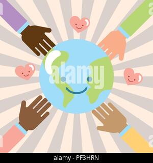 hands multiethnic world kawaii love donate charity Stock Vector