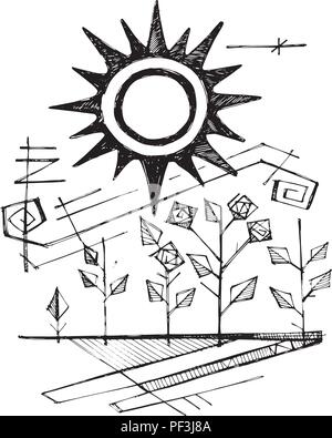 Hand drawn vector ink illustration or drawing of a some abstract roses and a sun Stock Vector