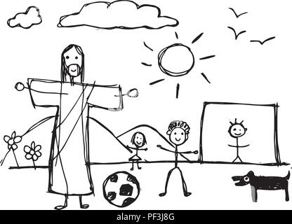 Hand drawn vector illustration or drawing of Jesus Christ playing with children in childish style Stock Vector