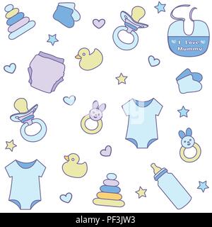 Seamless pattern with baby boy items. Newborn clothes and accessories Stock Vector