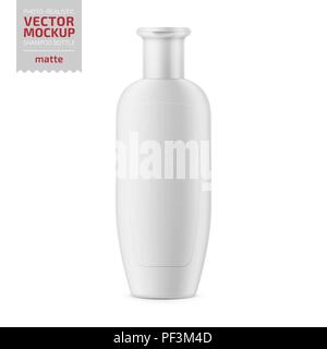 White matte plastic bottle for baby shampoo, shower gel, lotion, body milk, bath foam. Photo-realistic packaging mockup template. Vector illustration. Stock Vector