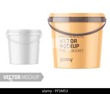 White glossy plastic bucket for food products, paint, household stuff. 900 ml. Realistic packaging mockup template with sample design. Stock Vector