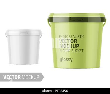 White glossy plastic bucket for food products, paint, household stuff. 900 ml. Realistic packaging mockup template with sample design. Stock Vector
