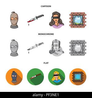 A thief in a mask, a bloody knife, a hostage, an escape from prison.Crime set collection icons in cartoon,flat,monochrome style vector symbol stock il Stock Vector