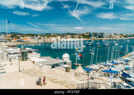 CASCAIS, PORTUGAL - AUGUST 25, 2017: Luxury Yachts And Boats In Cascais Port At Atlantic Ocean Stock Photo