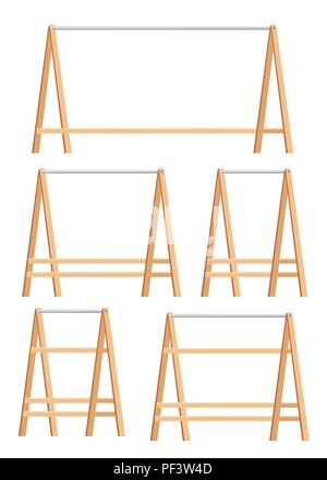 Wooden hanger rack set. Wooden object for shop or or for the hall. Wood and metal. Flat vector illustration isolated on white background. Stock Vector
