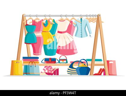 Wooden hanger rack with female clothes and handbags with shoes on floor. Casual garment. Everyday outfit sale concept. Flat style vector illustration  Stock Vector