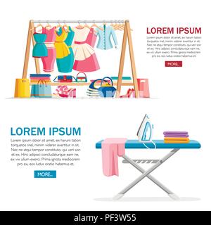 Wooden hanger rack with female clothes and handbags with shoes on floor. Iron and ironing board. Flat vector illustration with place for text. Concept Stock Vector