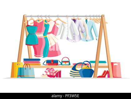 Wooden hanger rack with female clothes and handbags with shoes on floor. Casual garment. Everyday outfit sale concept. Flat style vector illustration  Stock Vector