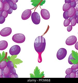 Seamless pattern. Wine grape with green leaf. Flat purple bunch of grape with a drop of juice. Vector illustration isolated on white background. Stock Vector