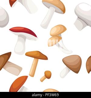 Seamless pattern. Different mushrooms illustration on white background. Vector flat style. Stock Vector