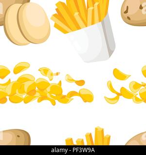 Seamless pattern. Potato products. French fries and chips. Potatoes fast food. Flat vector illustration on white background. Stock Vector