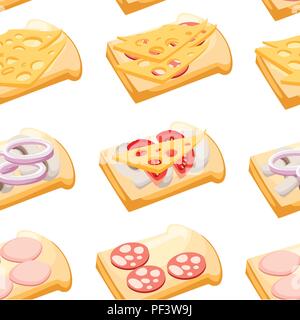 Seamless pattern. Sandwiches with various ingredients. Meat, vegetables, cheese. Cartoon flat style. Vector illustration on white background. Stock Vector