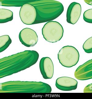 Seamless pattern. Fresh cucumber, whole and slices. Ripe green vegetable cucumber, round slice meal. Flat vector illustration on white background. Stock Vector