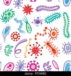 Seamless pattern. Bacteria and viruses. Colorful microorganisms collections. Flat vector bacteria, viruses, fungi, protozoa. Vector cartoon style illu Stock Vector