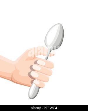 Hand holding a spoon. Stainless kitchen utensil. Flat vector illustration isolated on white background. Colored icon for restaurant menu or cafe. Stock Vector