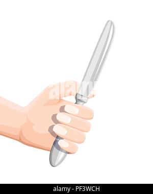Hand holding a knife. Stainless kitchen utensil. Flat vector illustration isolated on white background. Colored icon for restaurant menu or cafe. Stock Vector